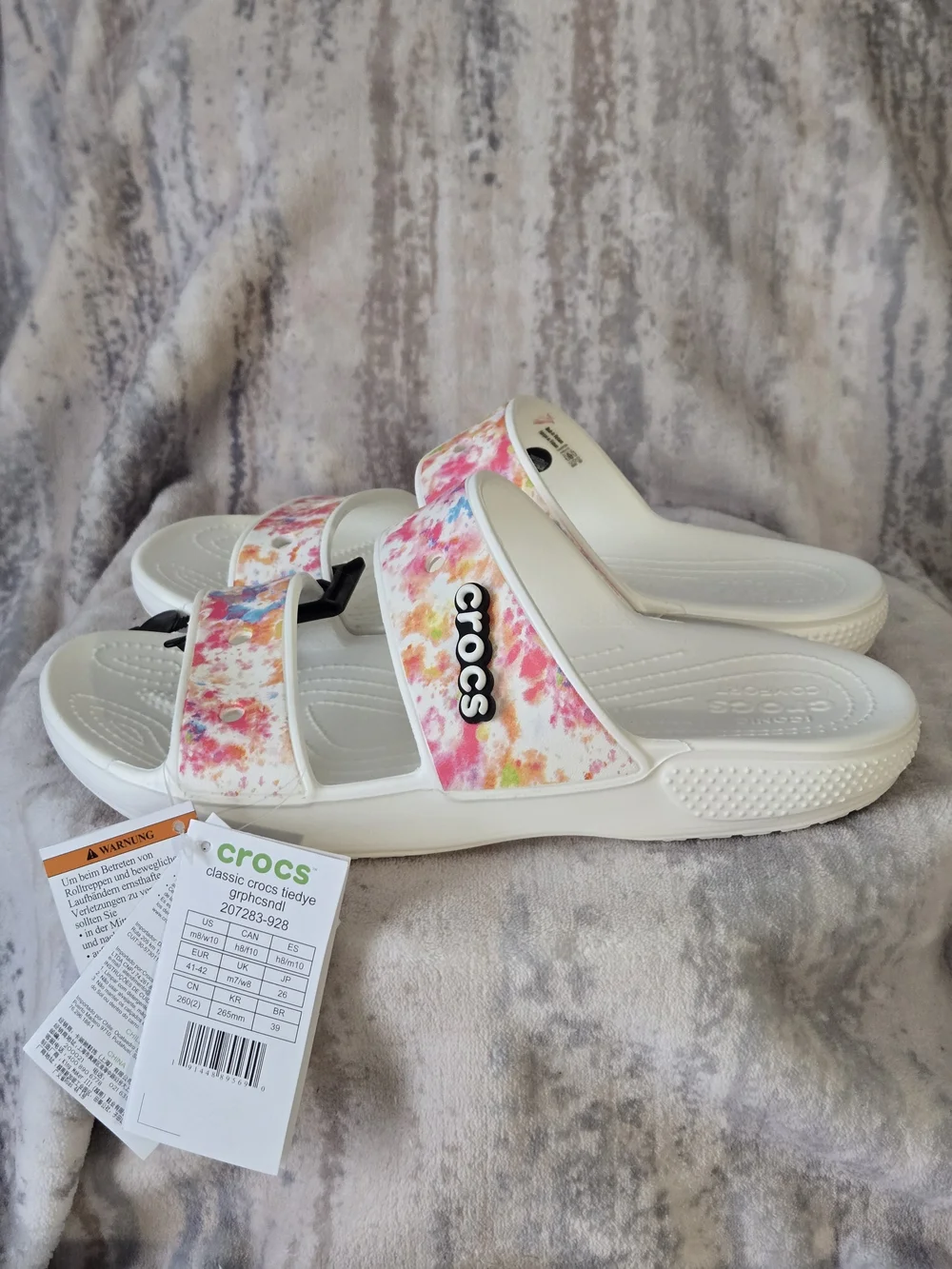 CROCS White Slide Sandals with Pink, Blue & Orange Splash 8 M / 10 W